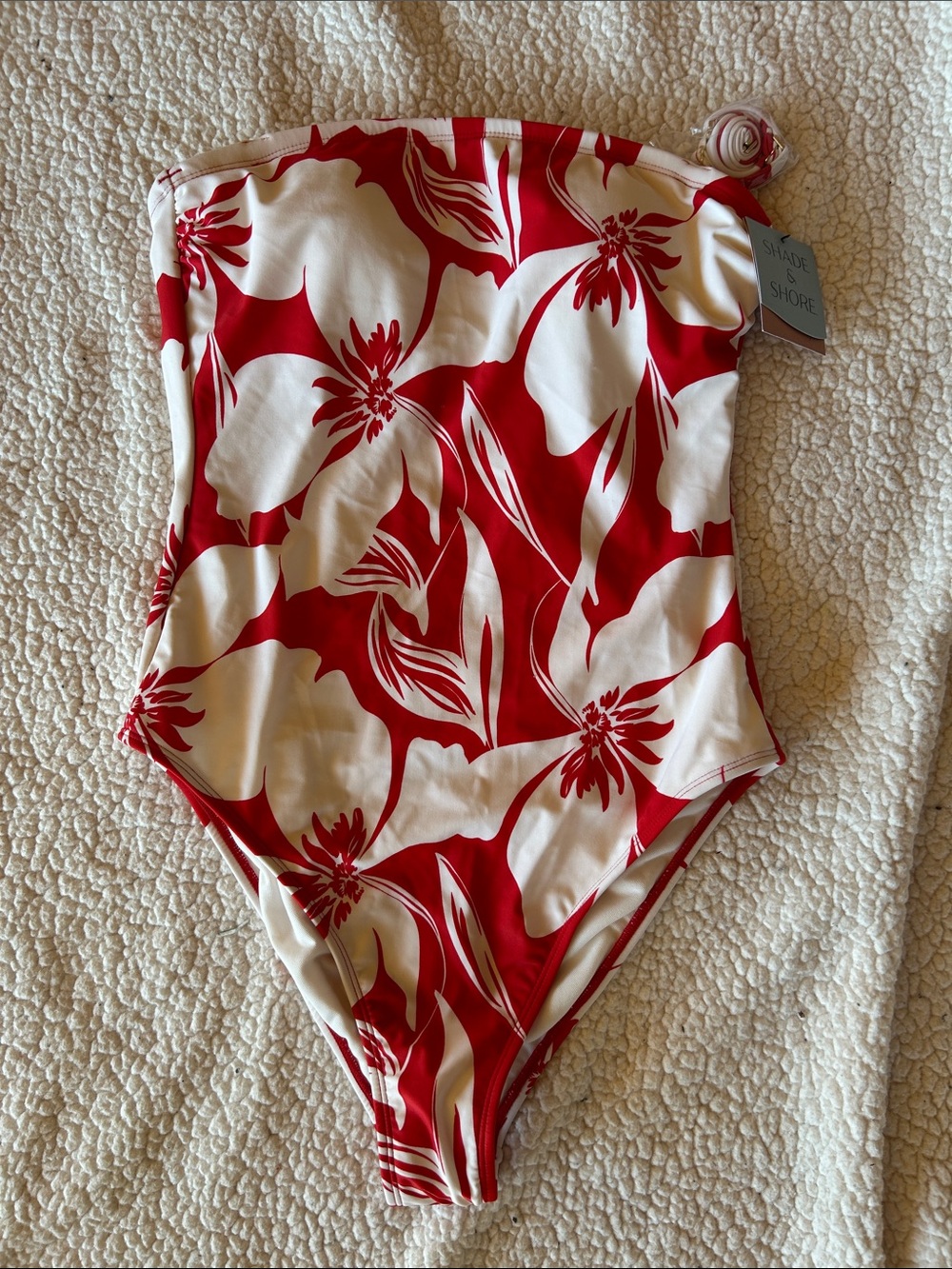 Shade & Shore Red and White Floral Strapless One-Piece Swimsuit